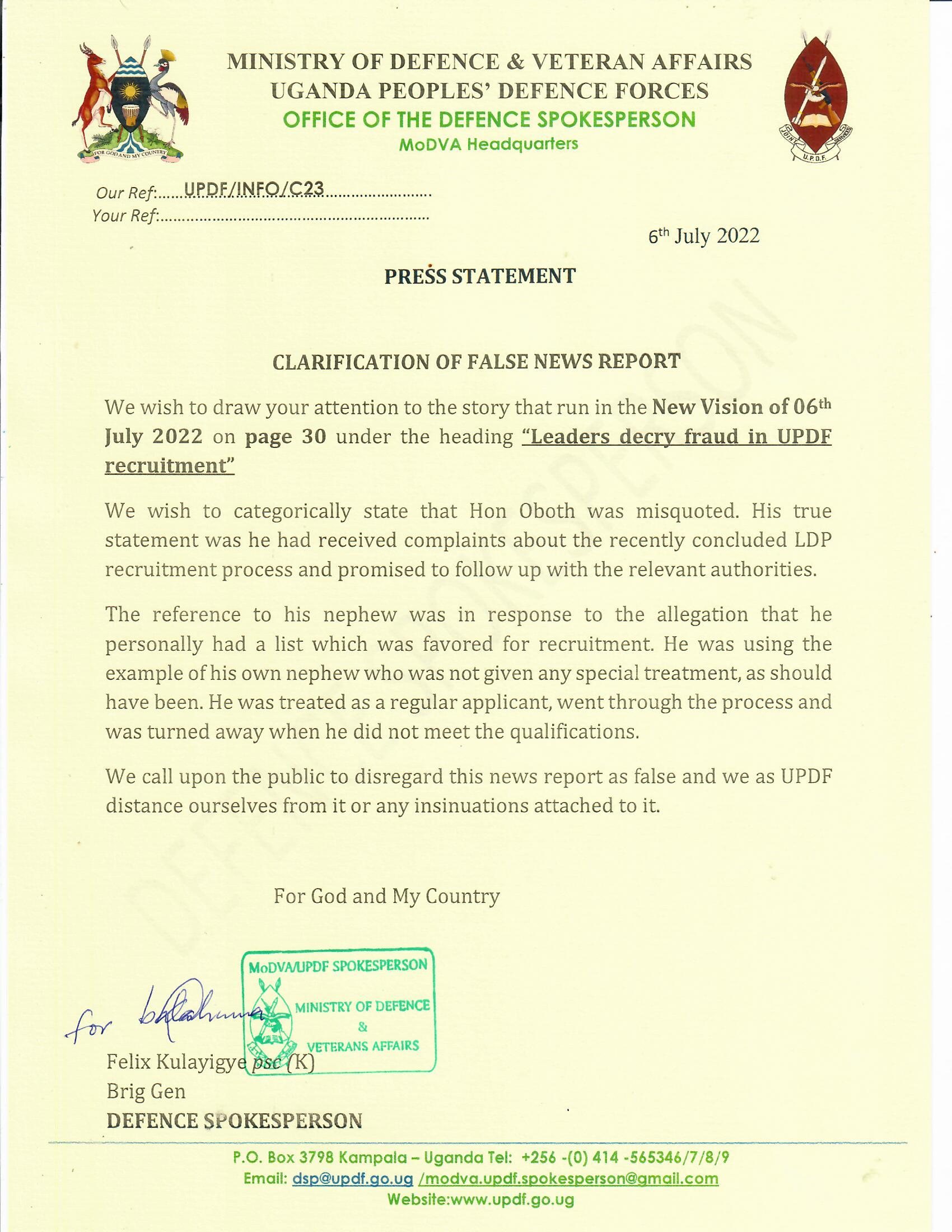 PRESS STATEMENT – CLARIFICATION OF FALSE NEWS REPORT – UPDF