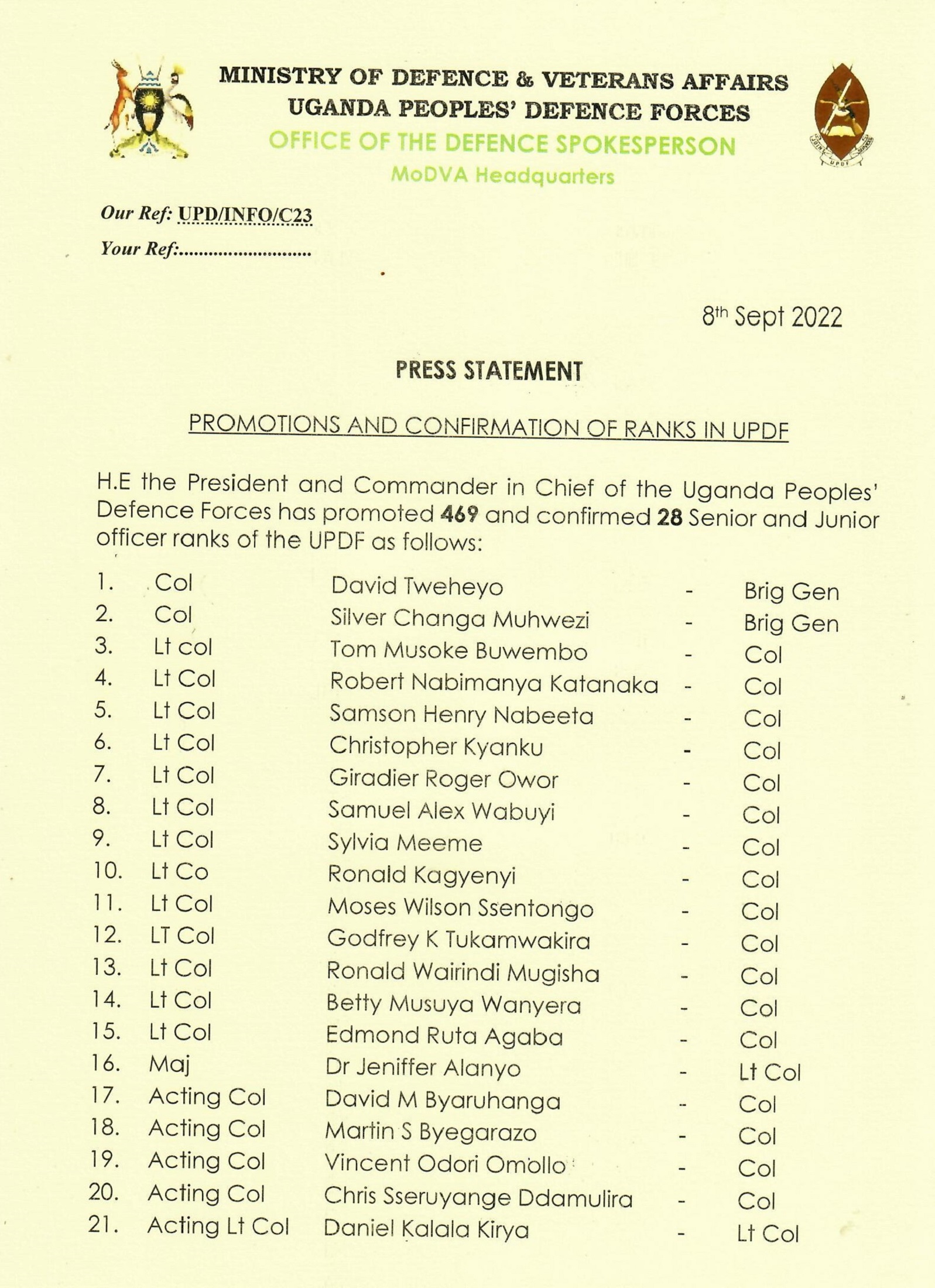 Promotions And Confirmation Of Ranks In UPDF UPDF